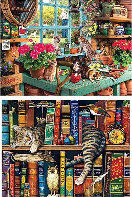 Photo 1 of 1000 Piece Jigsaw Puzzle, 26.75" L X 19.75" W-Set of Two Jigsaw Puzzle Sets-Bookshelf Cat-Windowsill Cat
