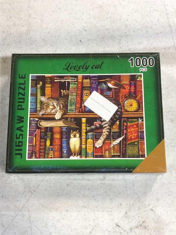 Photo 2 of 1000 Piece Jigsaw Puzzle, 26.75" L X 19.75" W-Set of Two Jigsaw Puzzle Sets-Bookshelf Cat-Windowsill Cat
