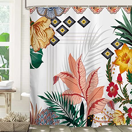 Photo 1 of Baccessor Boho Floral Shower Curtain Waterproof Fabric, Tropical Leaf Flower Mid Century Minimalistic Spring Summer Aesthetic Bathroom Bathtubs Curtain with Hooks Washable Durable

