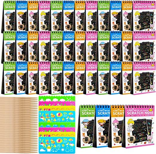 Photo 1 of 40 Pack Rainbow Scratch Arts Notebooks,Scratch Note Pads for Kids Rainbow Scratch Paper,50 Wooden Stylus and 8 Drawing Stencils
