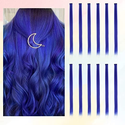 Photo 1 of 12 Pcs Colored Hair Extensions, BARSDAR Clip in 21 inch Blue Straight Hair Extensions Multicolor Party Highlights for Kids Women's Gifts
