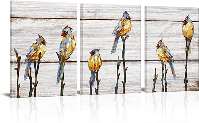 Photo 1 of Birds Art Canvas Wall Decor - Colorful Cardinals Painting Pictures Artwork Rustic Animal Prints for Living Room Farmhouse Room Decoration Framed 12x16inX3 pcs

