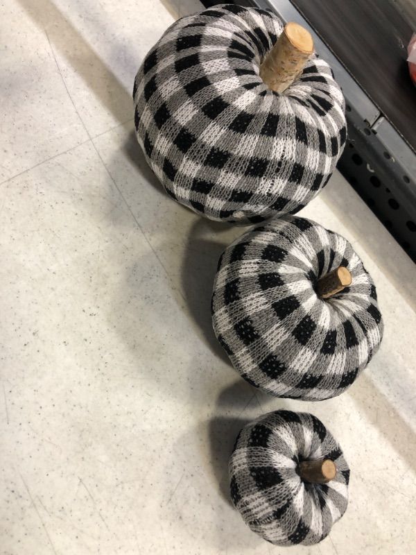 Photo 3 of 3 Pcs Assorted Crochet Pumpkins Plaid Pumpkins Gingham Buffalo Check Knit Pumpkins Fall Thanksgiving Halloween Seasonal Holiday Farmhouse Tabletop Decoration