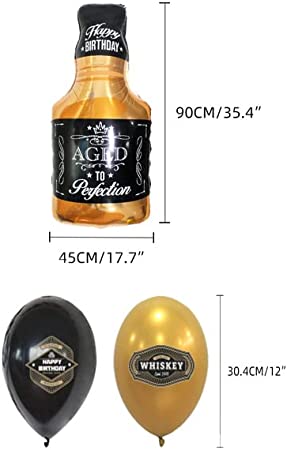 Photo 3 of 19 PCS, Whiskey Birthday Party Decorations, Aged to Perfection Birthday Party Supplies Whiskey Birthday Banner, Black and Gold Balloons Whiskey Bottle Foil Balloons