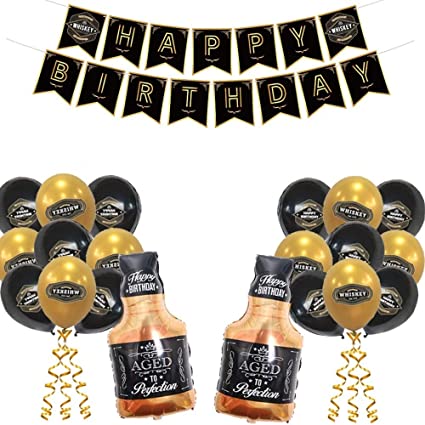 Photo 1 of 19 PCS, Whiskey Birthday Party Decorations, Aged to Perfection Birthday Party Supplies Whiskey Birthday Banner, Black and Gold Balloons Whiskey Bottle Foil Balloons