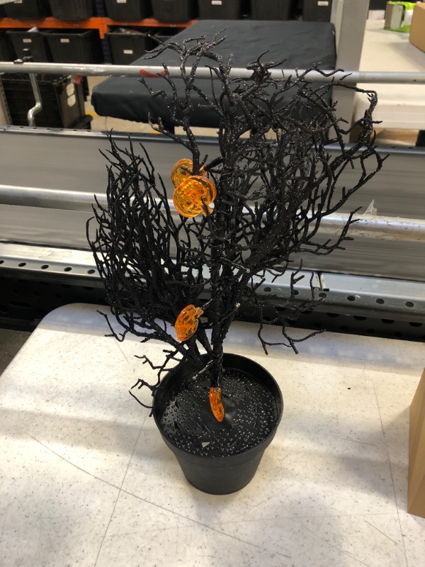 Photo 1 of 20 Inch Halloween Artificial Tree in Pot for Entrance 10 Orange Lights and 4 Pumpkins Ornaments Battery Powered Glitter Black Birch Tree Halloween Scary Decoration for Outside Porch Yard Outdoor Home