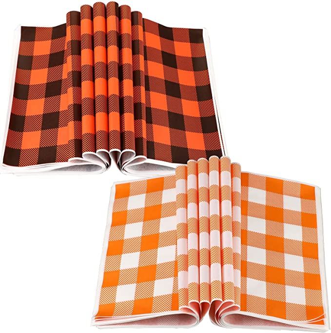 Photo 1 of 150 Sheets 10 x 8 Fall Wax Paper Sheets for Food Autumn Thanksgiving Halloween Checkered Sandwich Waterproof Liners Grease Resistant Wax Paper Sheets Basket Liners Wrapping Tissue for Picnic Kitchen
