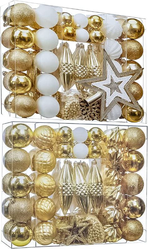 Photo 1 of 100pcs Christmas Balls Ornaments for Xmas Tree, Delicate Christmas Decoration Baubles Craft Set Shatterproof Plastic Christmas Ornaments Balls kit for New Year Holiday Wedding Party(Gold+White)
