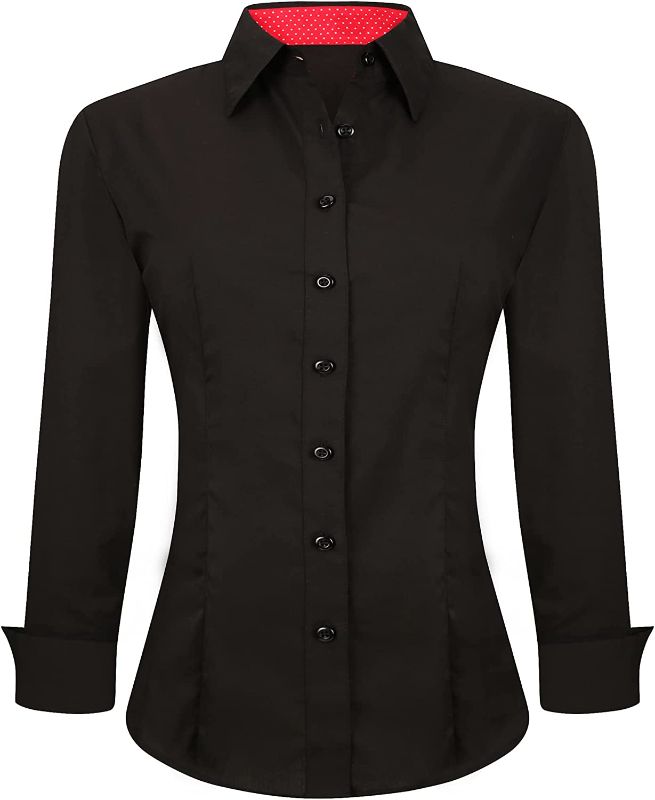 Photo 1 of SAMERM Womens Button Down Shirts Long Sleeve Regular Fit Cotton Stretch Work Blouse,Black L
