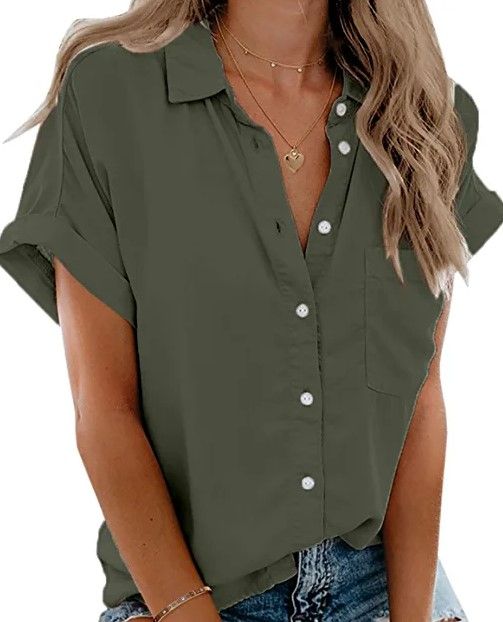 Photo 1 of Beautife Womens Short Sleeve Shirts V Neck Collared Button Down Shirt Tops with Pockets, Size Medium 
