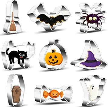 Photo 1 of 9 Pcs Halloween Cookie Cutters -Pumpkin Candy Bat Ghost Cat Witch Hat Broom Spider Coffin Halloween Goodie Bag Filler for Kid Trick or Treat Food Mold