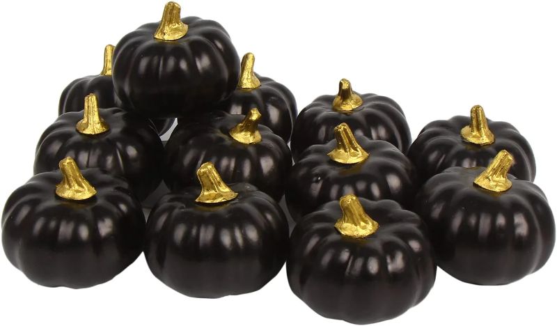 Photo 1 of CCINEE 12 PCS Halloween Black Artificial Pumpkins, Lifelike Mini Fake 3.1in Rustic Fall Harvest Decoration for Harvest Halloween Party Thanksgiving Home Decor and Displaying
