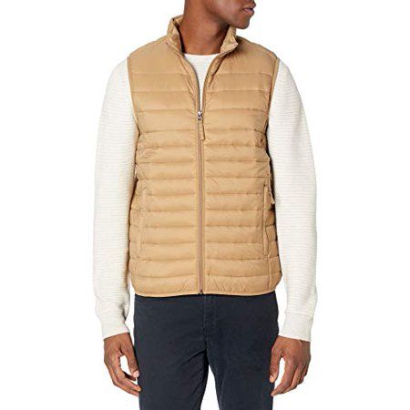 Photo 1 of Essentials Men's Lightweight Water-Resistant Packable Puffer Vest, Camel, Medium
