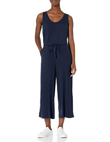 Photo 1 of Daily Ritual Women's Rayon Spandex Fine Rib Sleeveless Wide-Leg Jumpsuit, Navy, Large
