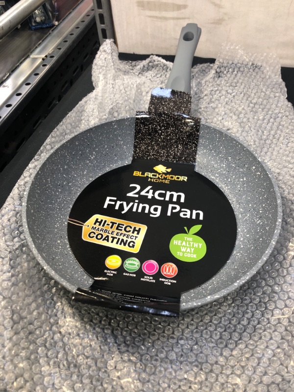 Photo 2 of Blackmoor Frying Pans / 8", 9.5", 11" Sizes/Stylish Black Or Gray Marble Finish/Non-Stick & Anti-Scratch/Cool Touch Handle/Suitable for Induction, Electric and Gas Hobs (9.5", Gray) Gray 24cm Frying Pan