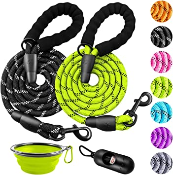 Photo 1 of ZOVJCY 2 Pack 6 FT Dog Leash with Comfortable Padded Handle Reflective Dog leashes for Medium Large Dogs with Collapsible Pet Bowl and Garbage Bags… (Black+Green, 1/3'' x 6 FT)