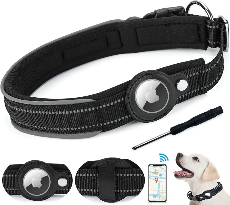 Photo 1 of  Dog Collar for Airtag Reflective Quick Release Snap Padded Dog Airtag Collar for Medium and Large Dogs (M=13.5''-18.5'', Black)