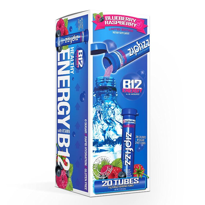 Photo 1 of Zipfizz Energy Drink Mix, Electrolyte Hydration Powder with B12 and Multi Vitamin, Blueberry Raspberry (20 Pack) Expire May 2024
