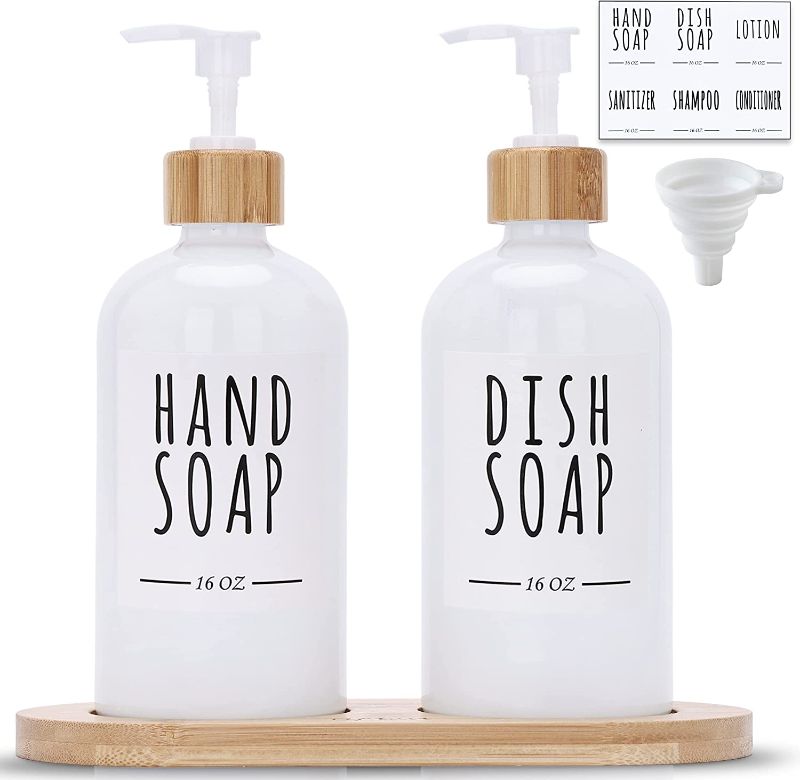 Photo 1 of 2 Pack Kitchen Soap Dispenser Set with Bamboo Tray, Glass Soap Dispenser Pump, Hand and Dish Soap Dispenser Set for Bathroom, Refillable Lotion Dispenser Sanitizer Shampoo Conditioner Labels (White)
