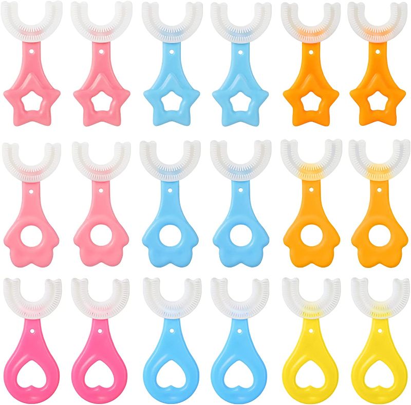 Photo 1 of CHENGU 18 Packs Kids U Shaped Toothbrush Massage Toothbrush Chewable Toothbrush Manual Toothbrushes U Type Toothbrush Whole Mouth Toothbrush with Handle for Toddlers 2-9 Years Old, Yellow, Blue, Pink
