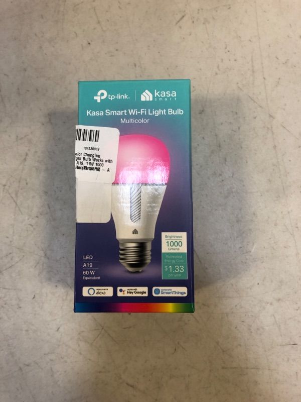 Photo 2 of Kasa Smart Bulb, Dimmable Color Changing Light Bulb Work with Alexa and Google Home, 1000 Lumens 60W Equivalent, Amazon CFH&FFS, 2.4Ghz WiFi only, No Hub Required, 2-Year Warranty, 1-Pack (KL135) -- FACTORY SEALED --
