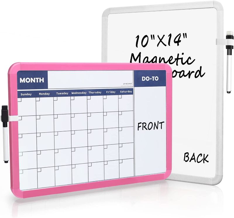 Photo 1 of 2Pack Dry Erase Calendar for Wall, Magnetic Calendar for Kids, 2-Sided White Board Monthly Calendar Dry Erase, Small Wall Calendar Board 14x10"-Pink+White Plastic Frame
