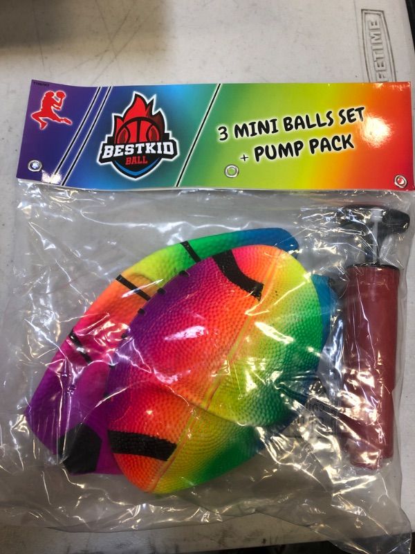 Photo 2 of BESTKID BALL Indoor 3 Mini Balls Set - Inflatable Small Basketball Soccer Ball Football - Included Pump and Needle - Rubber Material - Ideal Gifts for Toddlers Kids Boys Girls 6 inch (Rainbow)   -- FACTORY SEALED --