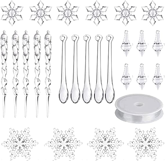 Photo 1 of 27pcs Christmas Tree Hanging Icicles Snowflakes Acrylic Ornaments Including 10pcs 2 Styles Snowflakes + 16pcs 3 Styles Icicles + 1 String for Xmas Tree Decorations
