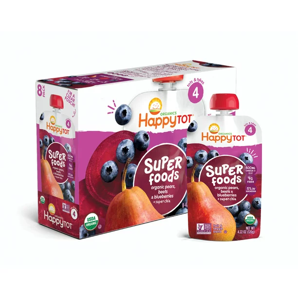 Photo 1 of (8 Pouches) Happy Tot Superfoods, Stage 4, Organic Toddler Food, Pears, Blueberries & Beets + Super Chia, 4.22 oz 2 PACK
EXP FEB 8 2023
