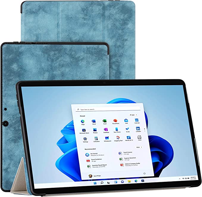 Photo 1 of Durable Leather Case for Surface Pro 8 Folio Case with Holder, [Trifold Stand Function][Smart Magnetic] Shockproof Tablet Case Cover for Surface Pro 8 13inch, 2021 (Blue)
