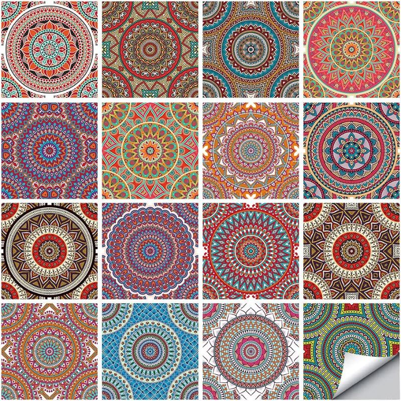 Photo 1 of 16 Pcs (6x6 in) Mandala Style Decorative Tile Stickers, Peel and Stick Self Adhesive Removable Tiles Backsplash Waterproof Kitchen Bathroom Furniture Staircase Home Decor Wall Sticker (MZ-2-256)  -- FACTORY SEALED --