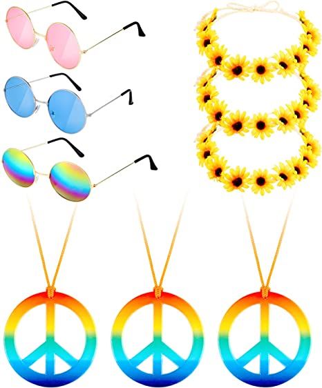 Photo 1 of Fiada 9 Pieces Hippie Costume Set, Includes 3 Pieces Hippie Glasses, 3 Pieces Peace Sign Necklaces, 3 Pieces Daisy Sunflower Hairbands for Summer Wearing (Color Set 2)
