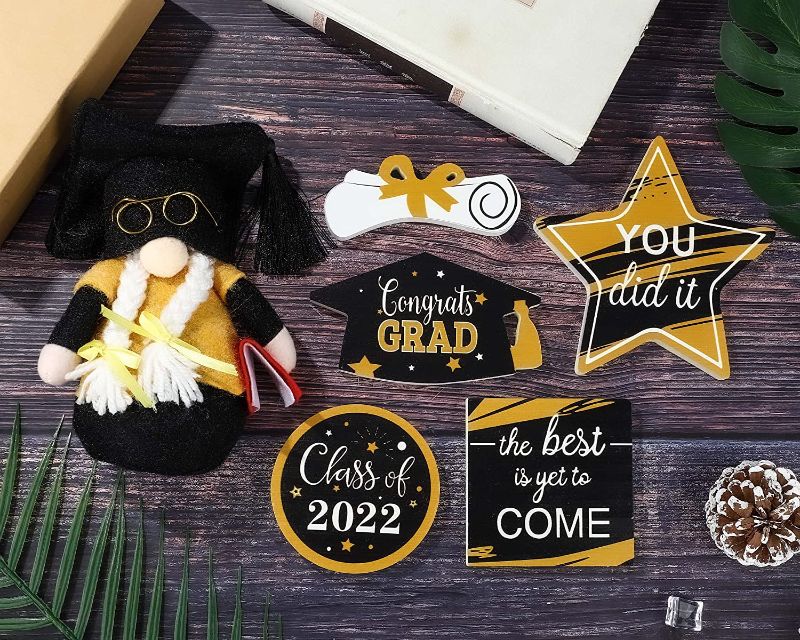 Photo 1 of 6 Pieces Graduation Tiered Tray Decorations Congrats Grad Wooden Signs Graduation Gnome Class of 2022 Cap Diploma for Graduation Party Favors Ceremony Table Centerpieces