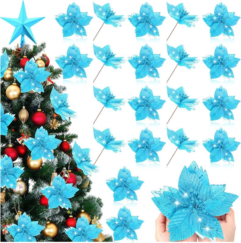 Photo 1 of 20 Pcs Blue Christmas Poinsettia Flower Set 7 Inch Glitter Artificial Poinsettia Stems Christmas Tree Picks Poinsettia Flowers Picks for DIY Party Wreath Garlands Wedding Holiday Decorations