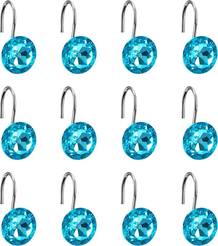 Photo 1 of 3 COUNT2 OF 12 PACKS-Sunlit Luxury Design Glitter Round Diamond Crystal Gem Bling Shower Curtain Hooks Rust Proof Oil Rubbed Metal Shower Curtain Rings - Rhinestones Teal Glam Shower Curtain Hooks
