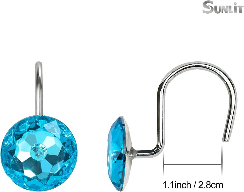 Photo 2 of 3 COUNT2 OF 12 PACKS-Sunlit Luxury Design Glitter Round Diamond Crystal Gem Bling Shower Curtain Hooks Rust Proof Oil Rubbed Metal Shower Curtain Rings - Rhinestones Teal Glam Shower Curtain Hooks

