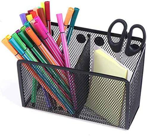 Photo 2 of Magnetic Pencil Holder Organizer- Generous Compartments Magnetic Storage Basket Organizer and Magnetic Mesh Pen Cups - Magnetic Storage Basket Organizer -Strong Magnets-Mesh Pen Holder for Whiteboard, Locker Accessories (Black 2 Comp)