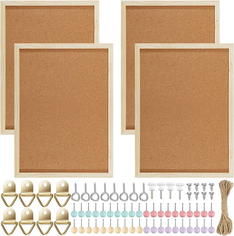 Photo 1 of 4 Pack Cork Board for Walls 11 x 16.6 Inch, Hanging Bulletin Board Decorative Vision Board Picture Pin Board for Home Room Office School with 40 Colorful Push Pins(Wood) ** FACTORY SEALED 
