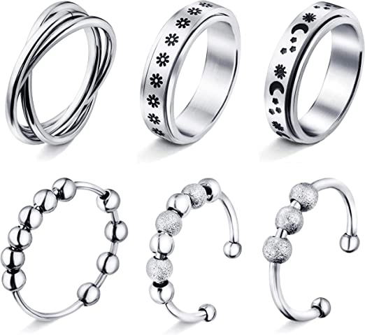 Photo 1 of 4-6Pcs Stainless Steel Fidget Ring- Anxiety Ring For Women Men Stress Relieving Spinner Ring Triple Interlocked Rolling Flower Moon Fidget Band Rings For Anxiety
