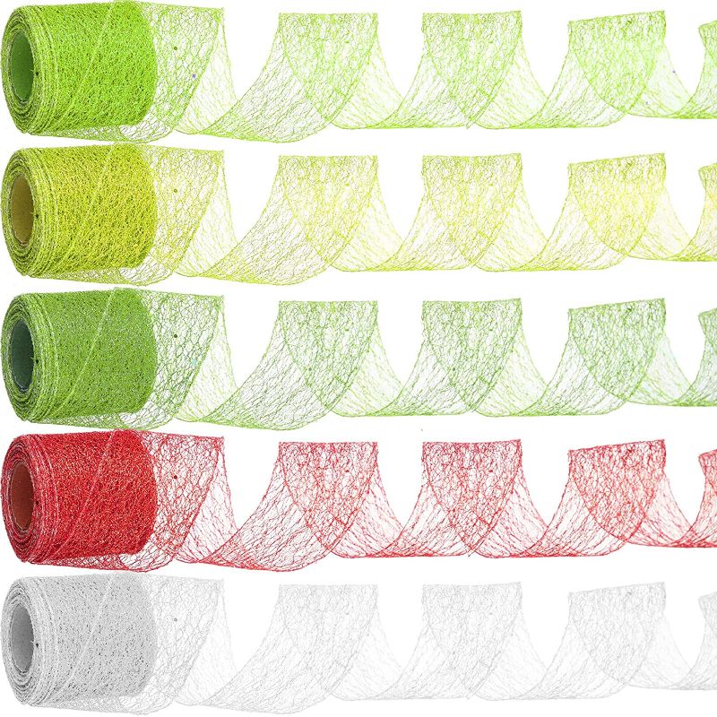 Photo 1 of 5 Rolls Christmas Glitter Metallic Foil Ribbon 2.5'' x 10 Yards Wire Mesh Ribbon for Wreath Bow Gift Wrapping Decor (Dark Green, Light Green, Yellow Green, White, Red) ** 2 SETS 
