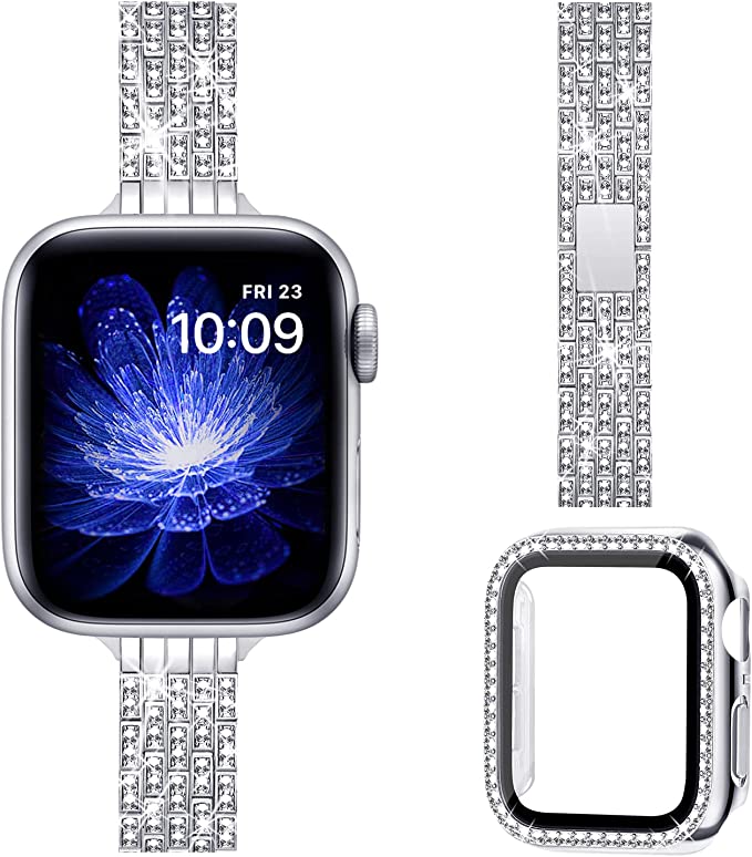 Photo 1 of LovRug Band with Case Compatible with Apple Watch 38mm 40mm 42mm 44mm iWatch Series 6/5/4/3/2/1 / SE, Slim Jewelry Bling Diamond Rhinestone Replacement Metal Strap for women
