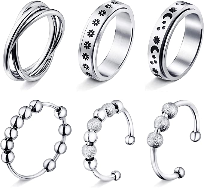 Photo 1 of 4-6Pcs Stainless Steel Fidget Ring- Anxiety Ring For Women Men Stress Relieving Spinner Ring Triple Interlocked Rolling Flower Moon Fidget Band Rings For Anxiety SIZE 7 
