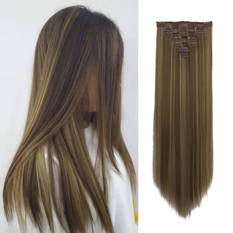 Photo 1 of FESHFEN Clip in Hair Extensions 7 PCS Full Head 22 inch Long Straight Synthetic Clip Hair Piece Hairpiece for Women Girls
