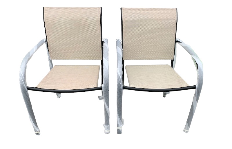 Photo 1 of 635351…  2 stackable outdoor patio chairs with black metal frames 