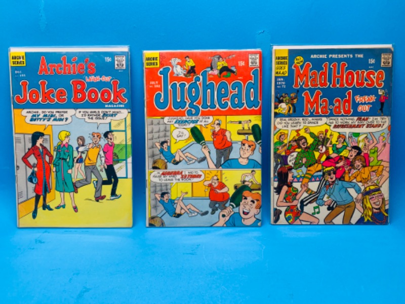 Photo 1 of 635851…3 vintage $.15 Archie comics- wear from age -stains, folds, etc. in plastic sleeves 