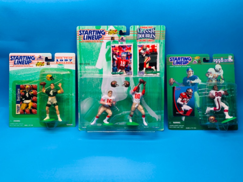 Photo 1 of 636028…vintage startling lineup football figures- Rice, Farve, Montana 