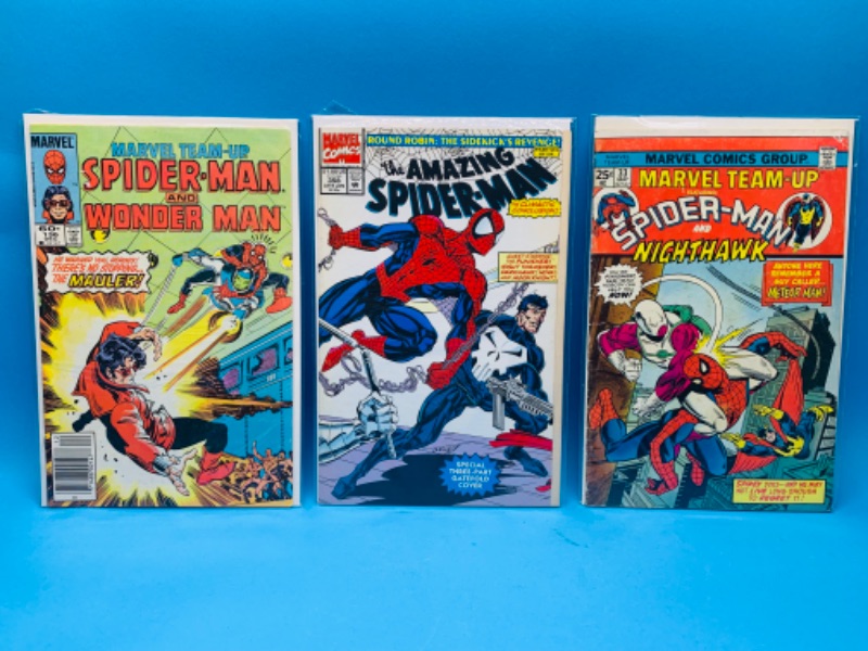 Photo 1 of 637120…3 vintage Spider-Man  comics in plastic sleeves - some wear and stain from age