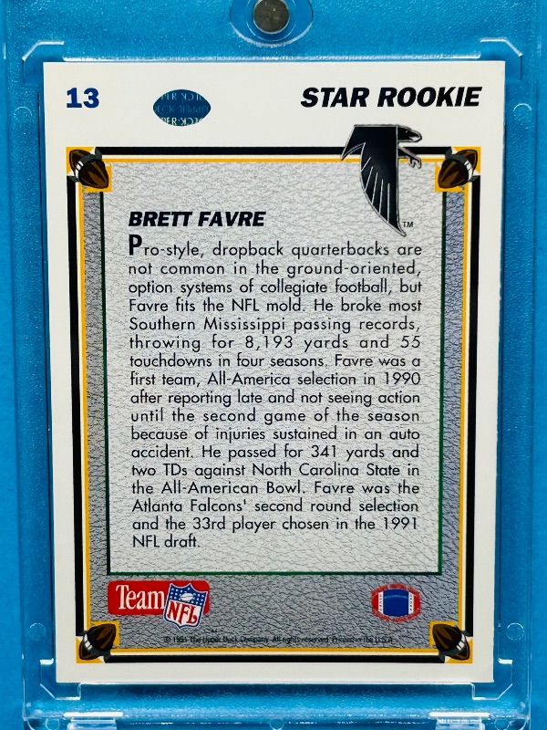 Photo 2 of 637483…Rookie Brett Favre card 13 in hard plastic case