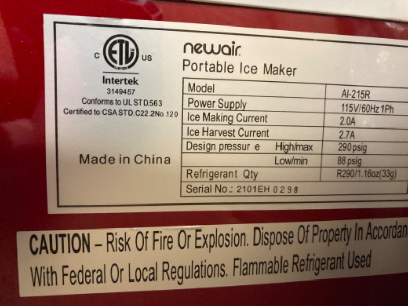 Photo 6 of FOR PARTS - NOT FUNCTIONAL - Portable Ice Maker 50 lb. Daily | Red | 3 Size Bullet Shaped Ice | *WET FROM PRIOR USE*  | Self Cleaning Quiet Operation Countertop Ice Machine | AI-215R
