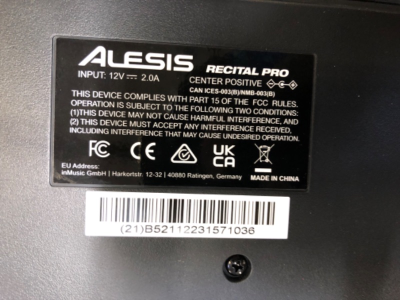 Photo 1 of Alesis Recital Pro - 88 Key Digital Piano Keyboard with Hammer Action Weighted Keys, 2x20W Speakers, 12 Voices, Record and Lesson Mode, FX and Display - MISSING MUSIC NOTE STAND -